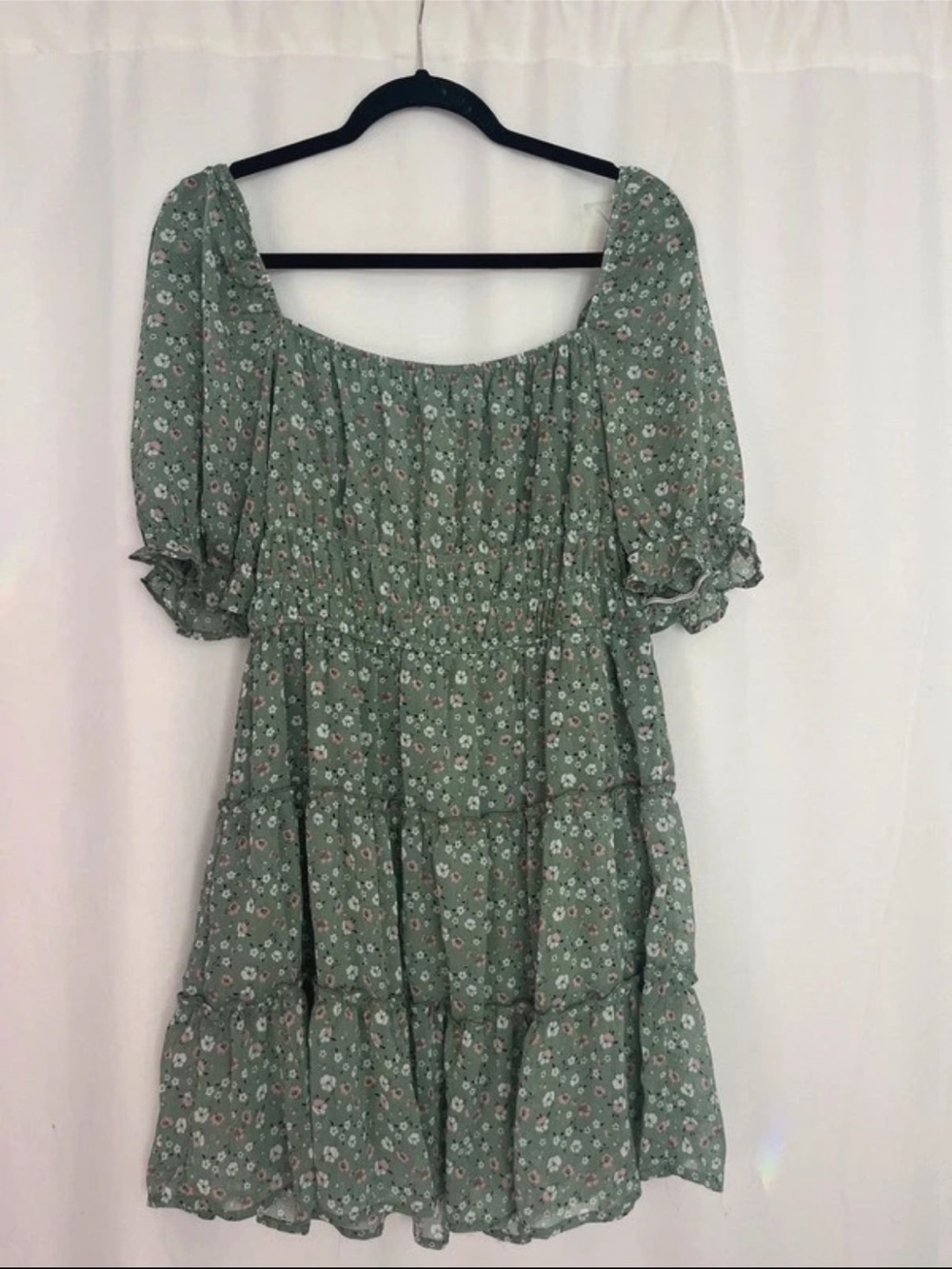 Trixxi Sage Green Floral Smocked Tiered Midi Dress